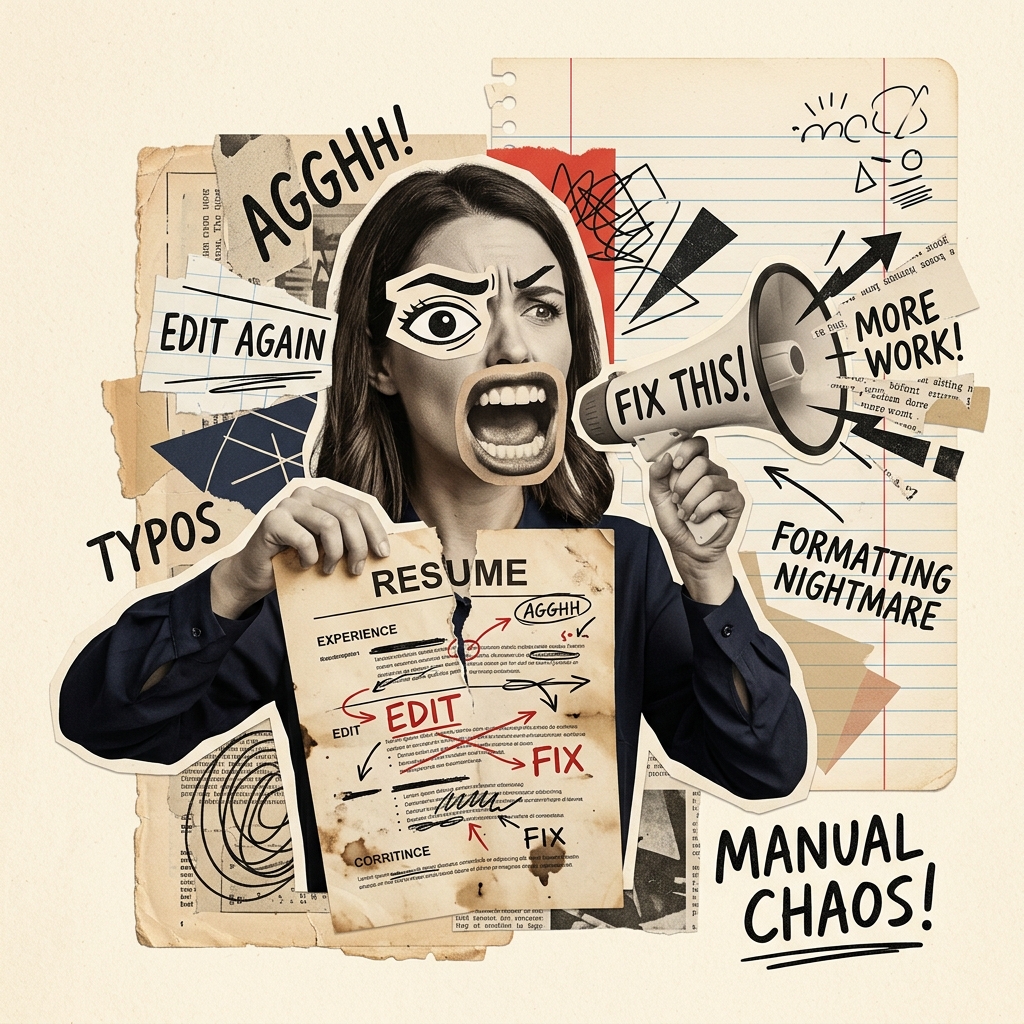 Manual resume editing frustration collage illustration